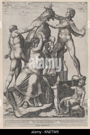 Speculum Romanae Magnificentiae: Amphion and Zethus Tying Dirce to a Wild Bull [The Farnese Bull]. Series/Portfolio: Speculum Romanae Magnificentiae;