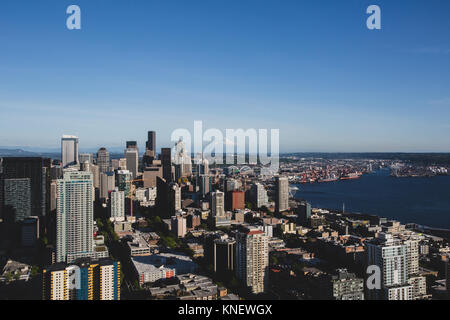 A view of downtown Seattle and Mount Rainier. seen from the top of the Space Needle. Stock Photo