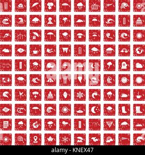100 weather icons set grunge red Stock Vector