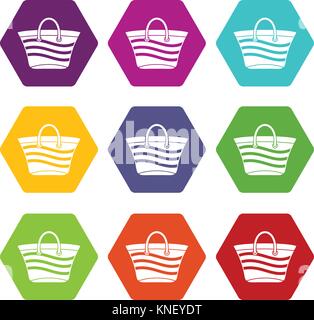 Women beach bag icon set color hexahedron Stock Vector