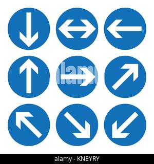 Set of direction signs. Blue circle mandatory informational symbols. Vector illustration isolated on white. White simple arrows. Notice icons. Collect Stock Vector