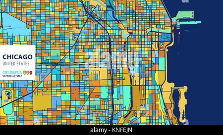Chicago, United States, Colorful Vector Artmap. Blue-Orange-Yellow Version for Website Infographic, Wall Art and Greeting Card Backgrounds. Stock Vector