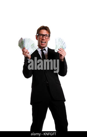 Picture of businessman in suit with money at hands Stock Photo