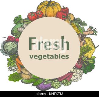 Vector logo for Veggies, white tag with illustration of raw vegetables ...