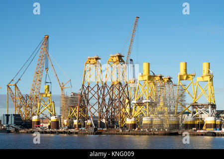 Offshore wind turbine supports being built at Smulders Hadrian Yard on the Tyne, Wallsend, north east England, UK Stock Photo