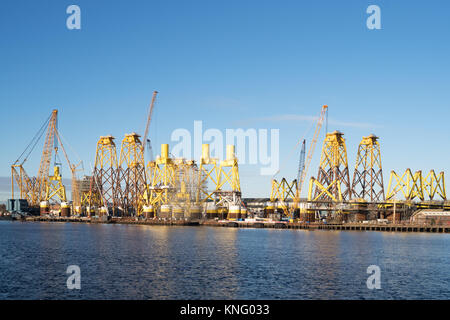 Offshore wind turbine supports being built at Smulders Hadrian Yard on the Tyne, Wallsend, north east England, UK Stock Photo