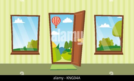 Opened Door And Windows Vector. Cartoon Flat Summer Landscape. Home Interior. Front View. Freedom Concept. Isolated Illustration. Stock Vector
