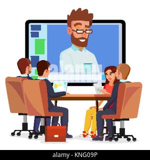 Online Video Conference Vector. Man And Chat. Director Communicates With Staff. Webinar. Business Meeting, Consultation, Seminar, Online Training Concept. Flat Cartoon Isolated Illustration Stock Vector