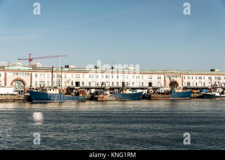 View of harbor from the Boston Waterfront with fishing boat trucks and boats anchored Massachusets USA Stock Photo