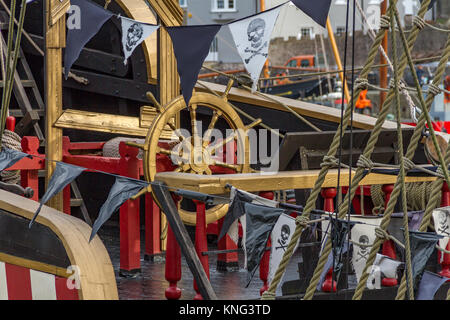 The Wheel of the replica boat 'Golden Hind' situated in the harbour at Brixham, Torbay, Devon, UK Stock Photo