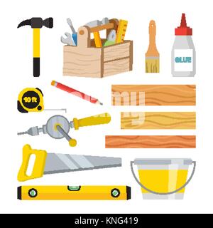 Carpentry And Woodwork Tools Set Vector. Repair And Building Accessories. Board, Hammer, Toolbox, Brush, Glue, Pencil, Tape Measure, Saw, Ruler, Bucket, Drill. Isolated Flat Cartoon Illustration Stock Vector