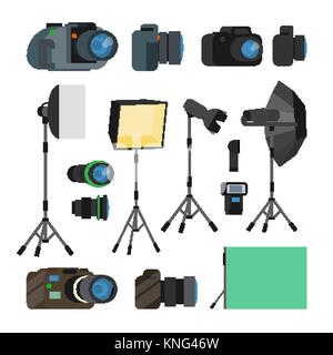 Photographer Tools Set Vector. Photography Objects. Photo Equipment Design Elements, Accessories. Modern Digital Cameras, Tools For Professional Studio Photography. Isolated Flat Cartoon Illustration Stock Vector