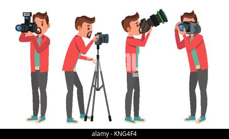 Professional Photographer Vector. Male In Different Poses. Lights And Cameras. Creative Occupation. Profession. Tripod Equipment. Isolated Flat Cartoon Character Illustration Stock Vector