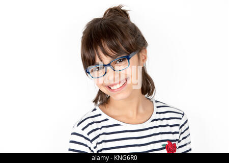 Portrait of a happy little girl in stripe T-shirt with glasses isolated on white Stock Photo