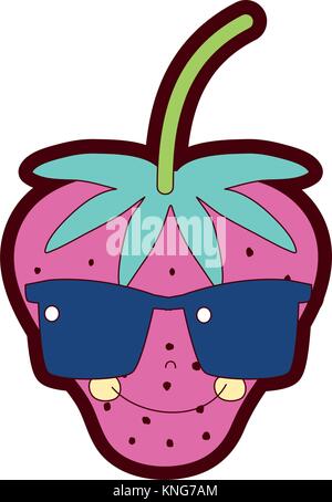 line color happy starwberry fruit with sunglasses kawaii Stock Vector
