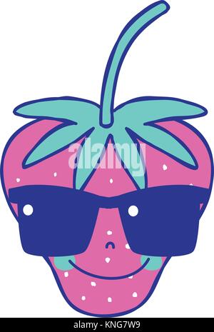full color happy starwberry fruit with sunglasses kawaii Stock Vector
