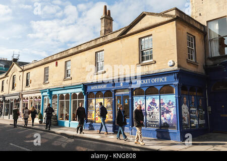 Bath, United Kingdom - November 2, 2017: Old street view of Bath, Somerset. Ordinary people and tourists walk the street near Bath Rugby Ticket Office Stock Photo