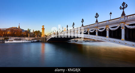 Pont Alexandre III bridge and Seine River at sunset (panoramic). 8th Arrondissement, Paris, France