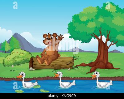 Illustration of a smiling bear and ducks in a beautiful nature Stock Vector