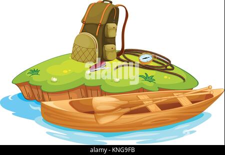 Illustration of vaious objects for camping on an island and a canoe Stock Vector