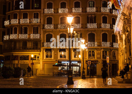 PALMA, SPAIN - DECEMBER 9, 2017: Buildings decorated for Christmas on Plaza de Cort, Palma, Majorca, Spain Stock Photo