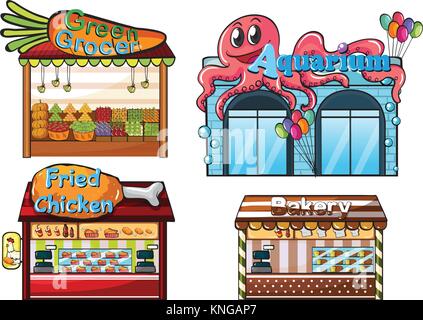 Illustration of a fruitstand, an aquarium, a food stall and a bakery on a white background Stock Vector