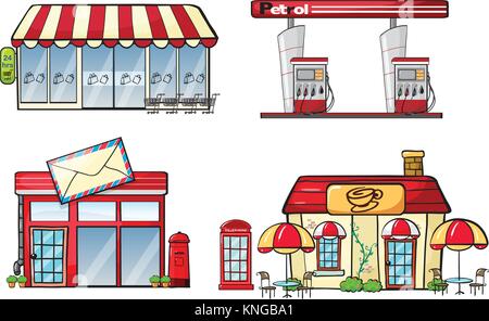 Illustration of different business establishments on a white background Stock Vector