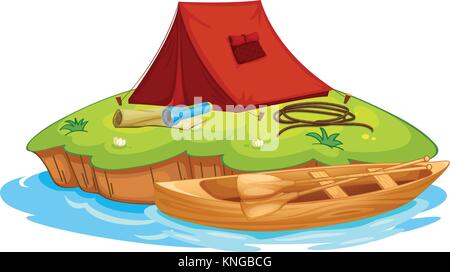 Illustration of vaious objects for camping on an island and a canoe Stock Vector