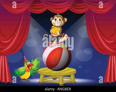 Illustration of a monkey standing on a ball and a bird in a circus Stock Vector