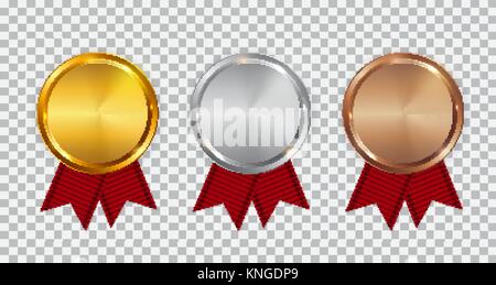 Champion Gold, Silver and Bronze Medal Template with Red Ribbon. Icon Sign of First, Second  and Third Place Isolated on Transparent Background. Vector Illustration Stock Vector