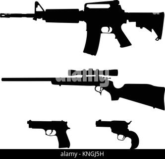 AR-15 style Semi-Automatic Rifle, Bolt Action Rifle and Pistols Silhouette Vector Stock Vector