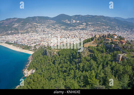 View from castle hill on Alanya city with Cleopatra beach, turkish riviera, Turkey Stock Photo