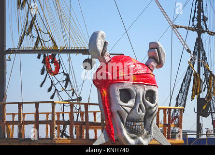 Excursion ship with pirate optic at the harbour of Alanya, turkish riviera, Turkey Stock Photo