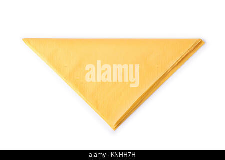 Yellow paper napkin folded as triangle. Isolated on white, clipping path included Stock Photo