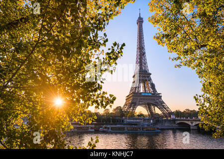 Sunrise at the Eiffel tower during autumn, Paris Stock Photo