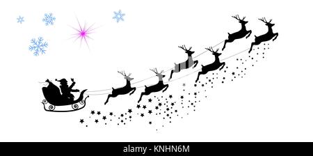 Silhouette of Santa Claus riding in a sleigh with a Christmas tree and ...