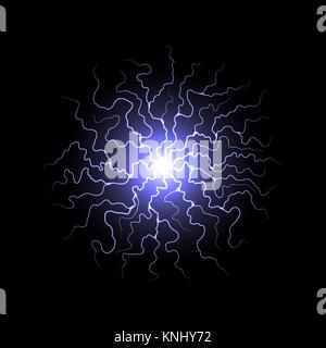 Vector Ball of Electric Lighting. Blue Energy Sphere of Electricity with Spark, Flash and Thunderbolt Stock Vector