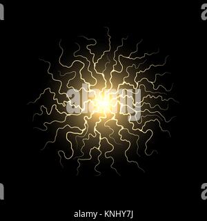 Vector Ball of Electric Lighting. Yellow Energy Sphere of Electricity with Spark, Flash and Thunderbolt Stock Vector