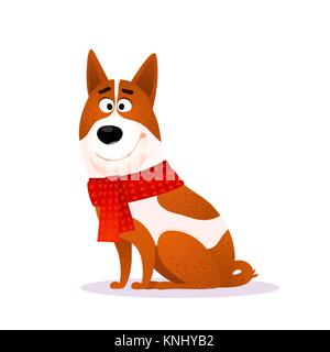 Funny cartoon dog portrait. Flat character. Happy smiling puppy of terrier isolated on white background for Christmas or New Year 2018 design. Doggy wearing red scarf. Christmas vector illustration. Stock Vector