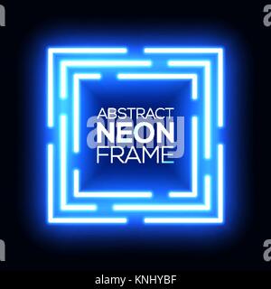 Blue neon light abstract squares. Shining techno square frame. Night club electric bright 3d box design on dark blue backdrop. Neon square background with glow. Technology vector cube illustration. Stock Vector