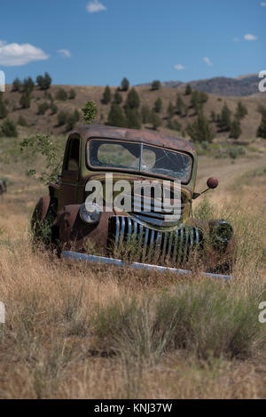 Vertical View of 40's Chevrolet Truck along the John Day River in Eastern Oregon, USA Stock Photo