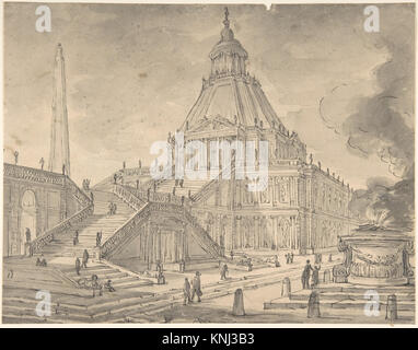 Architectural Fantasy - Temple-like Building with Colonnades, a Monumental Staircase, and a Burnt Offering (Sacrifice) in the Foreground, drawing, anonymous, Italian, first half of the 18th century Stock Photo