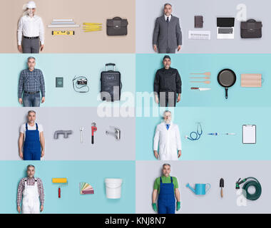 Lifelike male human dolls collection with different outfits, accessories and jobs: engineer, businessman, tourist, cook, plumber, doctor, painter and  Stock Photo