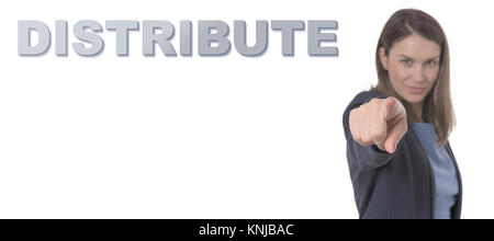 Business Woman pointing the text DISTRIBUTE Business Concept. Stock Photo