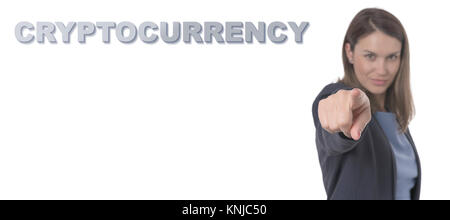 Business Woman pointing the text CRYPTOCURRENCY Business Concept. Stock Photo
