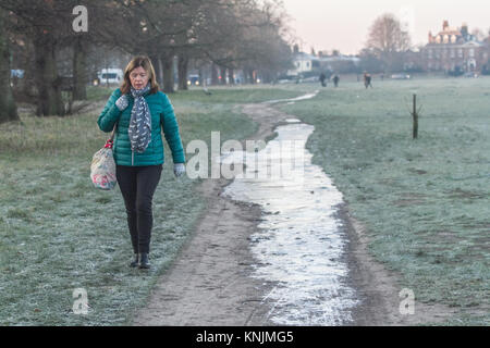 London UK. 12th December 2017.  Morning walkers  on Wimbledon Common covered in large Ice patches as temperatures drop to freezing Credit: amer ghazzal/Alamy Live News Stock Photo