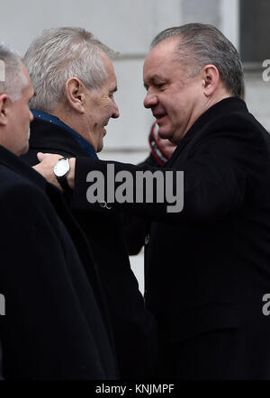 Bratislava, Slovakia. 12th Dec, 2017. Czech President Milos Zeman (2nd from left) visits Slovakia on December 12, 2017. This is Zeman's last abroad trip in this election period. On the photo is seen Zeman with his Slovak counterpart Andrej Kiska (right) in Bratislava, Slovakia. Credit: Vaclav Salek/CTK Photo/Alamy Live News Stock Photo