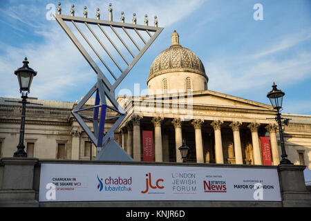 London, UK. 12th Dec, 2017. A giant Menorah has appeared in front of the National Gallery on the north side of Trafalgar Square as part of preparations to mark the Jewish festival of Chanukah (Hanukkah). This year will be the ninth successive year that the festival is celebrated in Trafalgar Square. Credit: Mark Kerrison/Alamy Live News Stock Photo