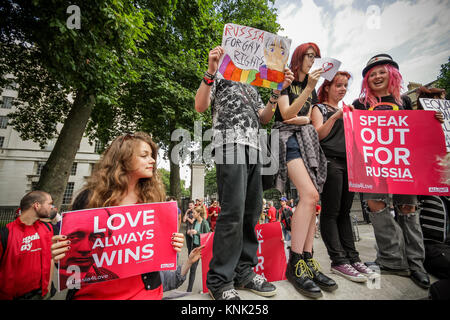 LGBT supporters protest opposite Downing Street demanding the British Prime Minister raise the subject of Russia's anti-gay laws at the G20 summit. Stock Photo