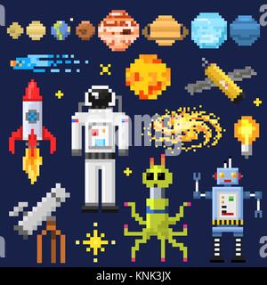 Set of space stars, alien spaceman, robot rocket and satellite cubes solar system planets pixel art, digital vintage game style. Mercury, Venus, Earth, Mars, Jupiter, Saturn. icons composition. Stock Vector